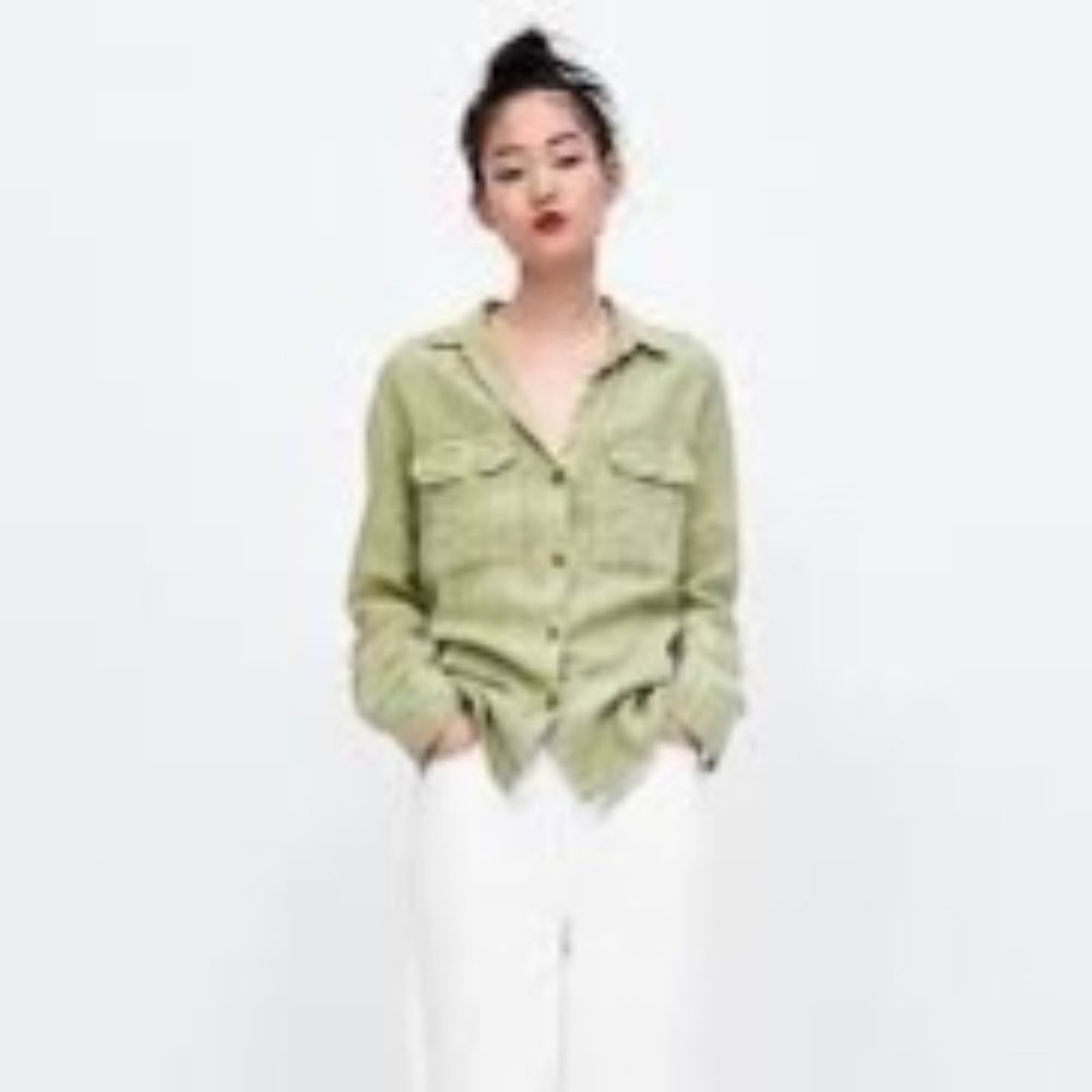 Zara %100 Linen Sustainable Collection Olive Button Up